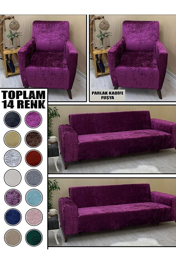 PARLAK KADİFE KUMAŞ 2 ADET ÜÇLÜ & ÇEKYAT- 2 ADET TEKLİ SET KOLTUK KILIFI - 1