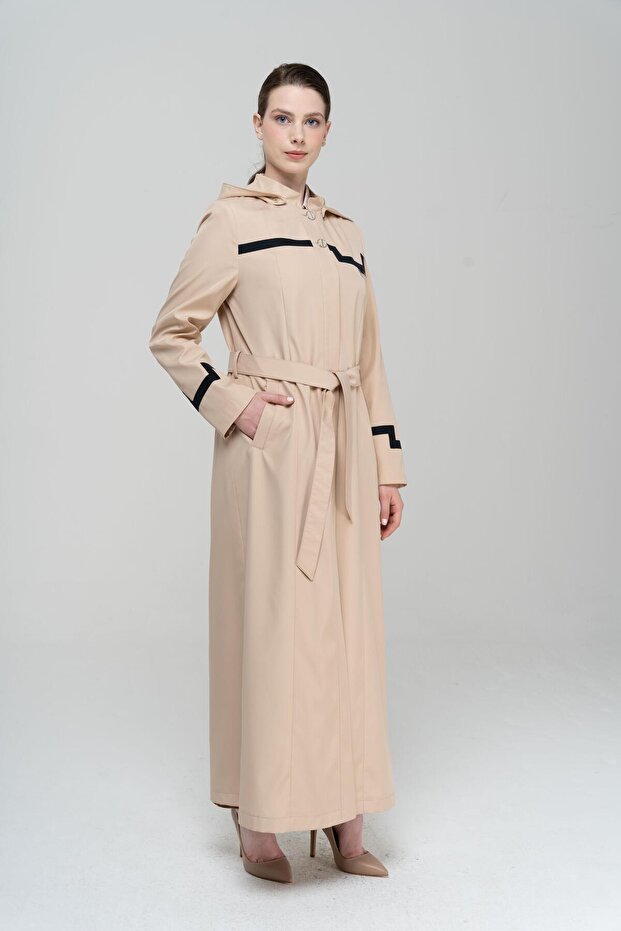 High Collar Detachable Hooded Garni Detailed Lined Long Trench Coat BEIGE 4295