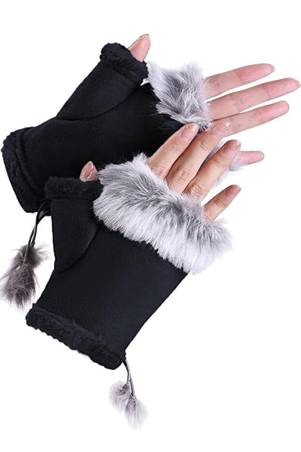 Black Color Plush Detailed Cut Out Gloves