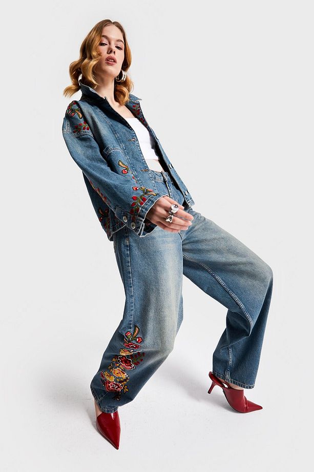Kadın T.Kot Rengi 2S566 Çiçek Nakışlı Oversize Tasarım Denim Ceket - 7