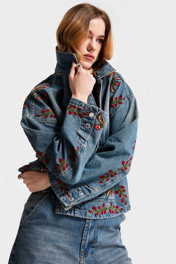 Kadın T.Kot Rengi 2S566 Çiçek Nakışlı Oversize Tasarım Denim Ceket - 5