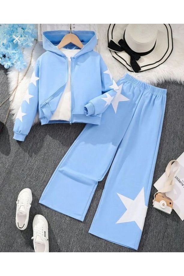 Kadın 3’Lü Hırka Eşofman T-shirt Baskılı Oversize Takım - 1