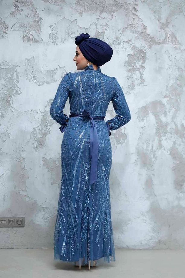 Boncuk Işlemeli Indigo Mavisi Tesettür Abiye Elbise 47631ım - 5