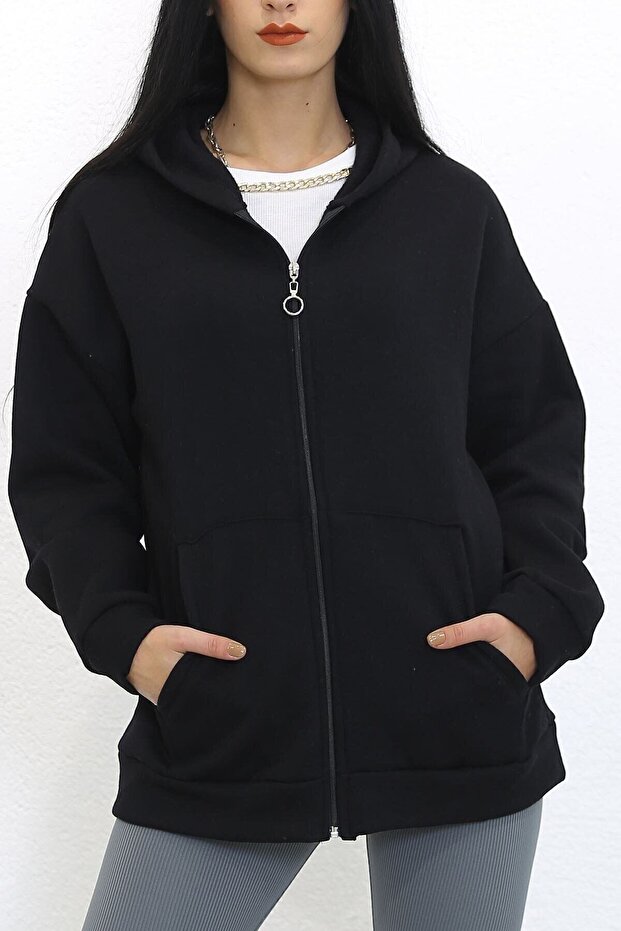 Kapüşonlu Fermuarlı Sweat Siyah - 2