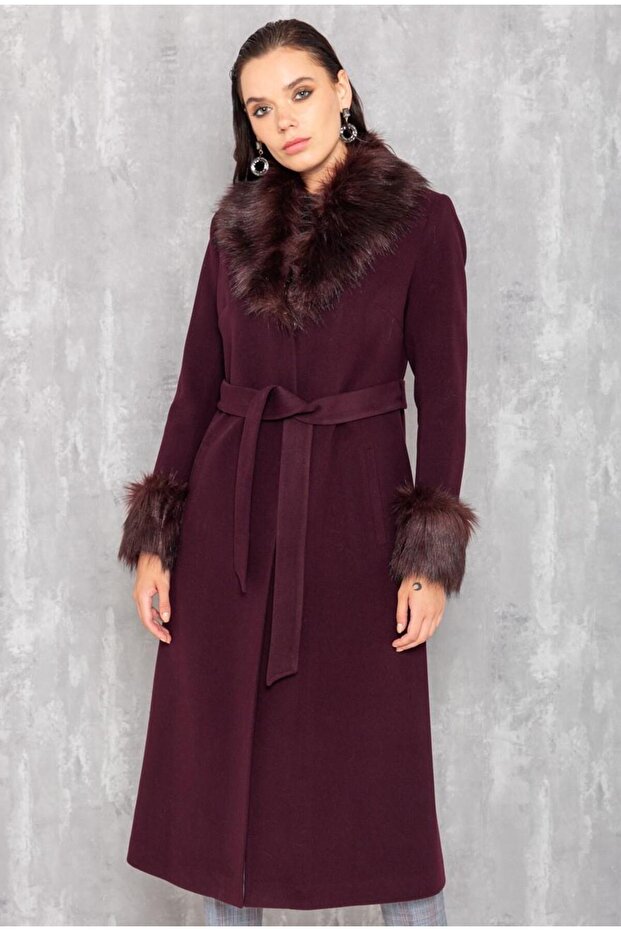 معطف رجالي متوسط الطول بياقة وأكمام من الفرو المتنقل، لون أرجواني 3636 - 2