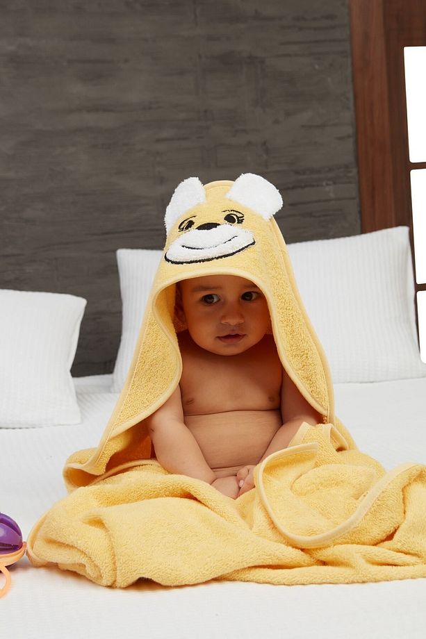 Pupy Bear Pamuklu Kapşonlu Kız-erkek Yenidoğan Bebek Kundak Havlusu Nakış Işlemeli Sarı 100x100cm - 3