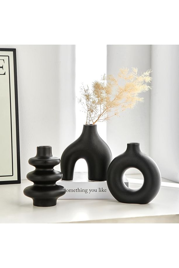 Minimal Biblo Set,  3'lü Siyah Dekoratif Bohem Minyatür Vazo - 1