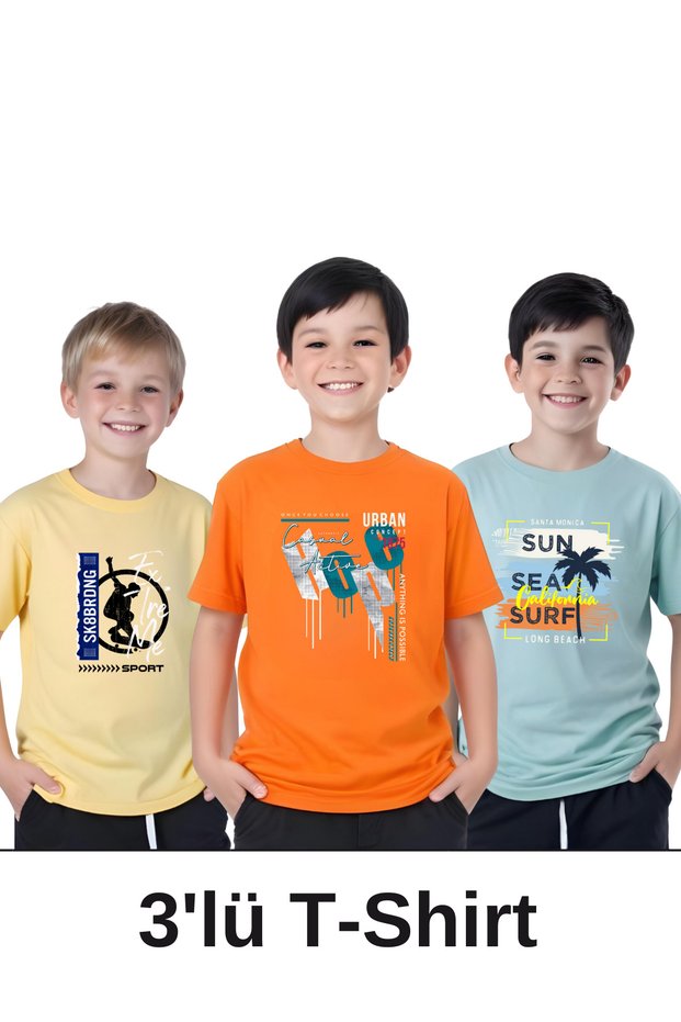 3-Piece Urban-California-Brdng Printed Boys' Short Sleeve T-Shirts