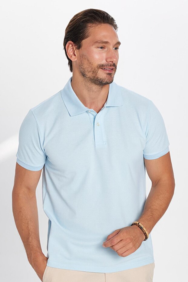 Men's Slim Fit Slim Fit 100% Cotton Light Blue Polo Neck T-Shirt