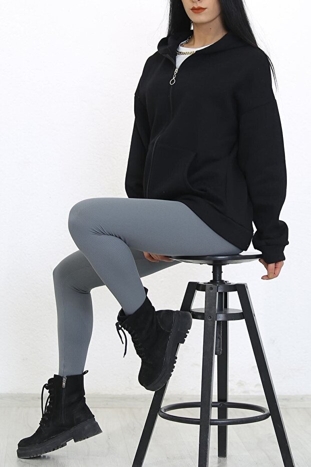 Kapüşonlu Fermuarlı Sweat Siyah - 4