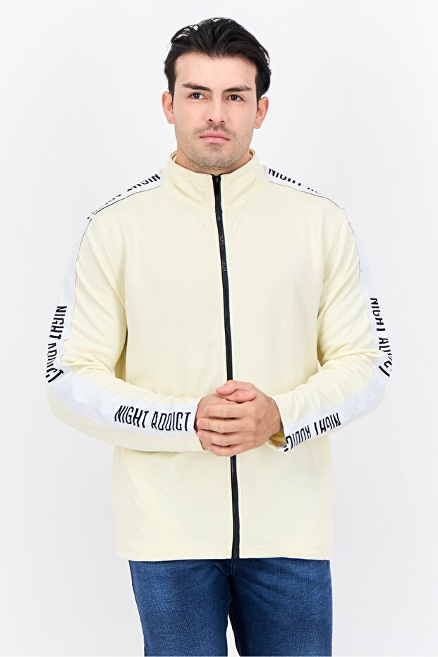 Men High Neck Long Sleeves Brand Logo Sweatshirt, Cream