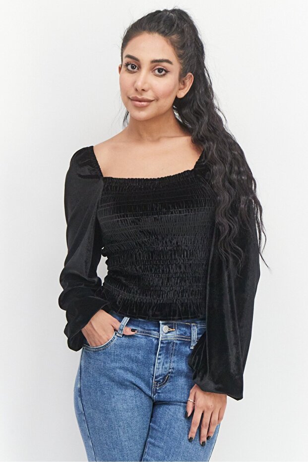 Women Square Neck Long Sleeve Velvet Top, Black