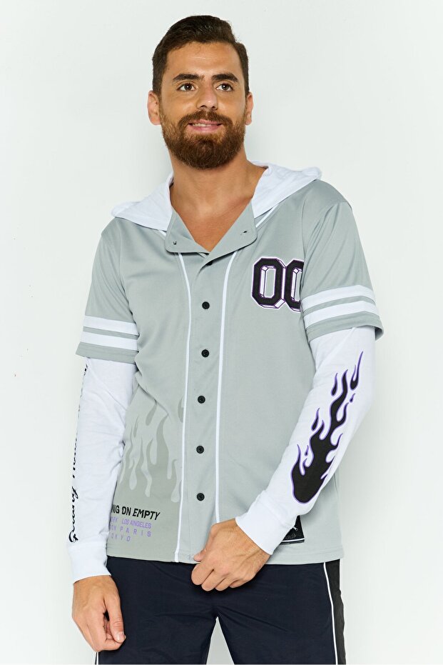 Men Button Down Layered Hoodies, Grey - 1