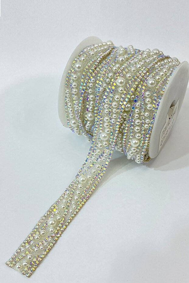 İncili Ütü ile Yapışan Taşlı Şerit Aplik 1 mt - 1