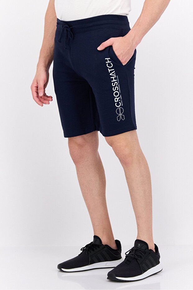 Men Drawstring Brand Logo Basic Shorts, Navy - 2