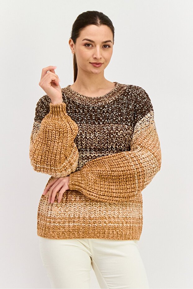 Women Crew Neck Long Sleeves Knitted Sweater, Multicolor