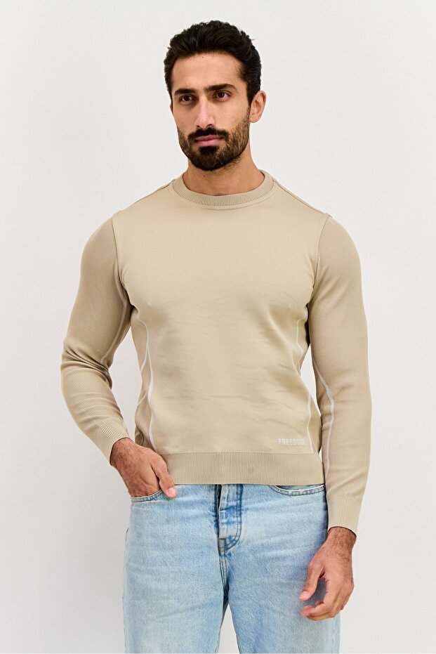 Men Crew Neck Brand Logo Long Sleeve Sweatshirt, Beige