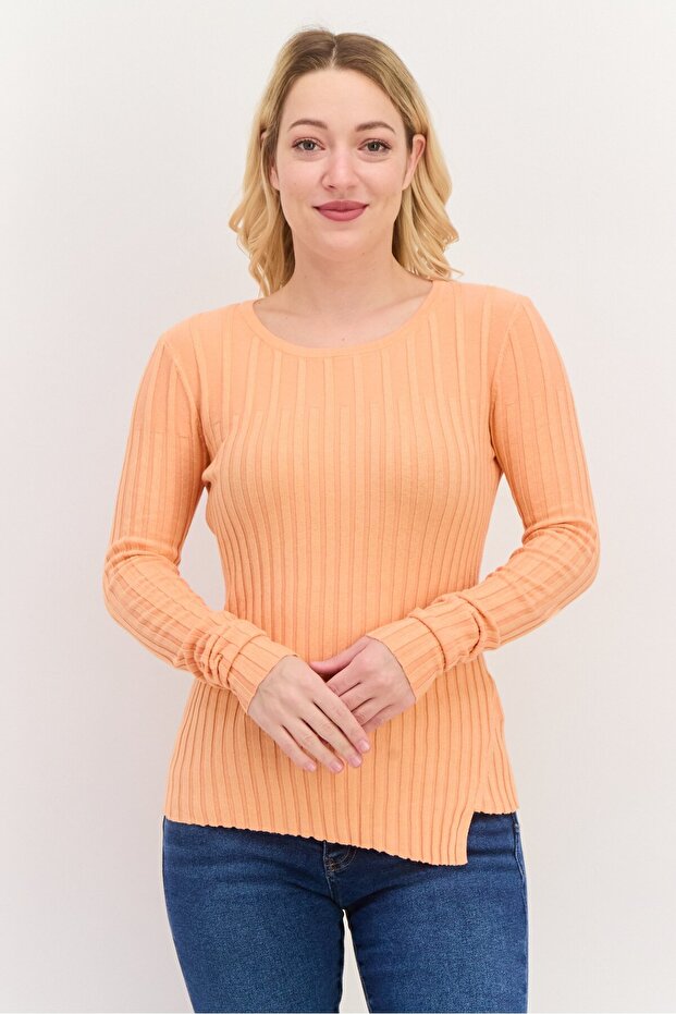 Women Round Neck Textured Long Sleeves Top, Orange