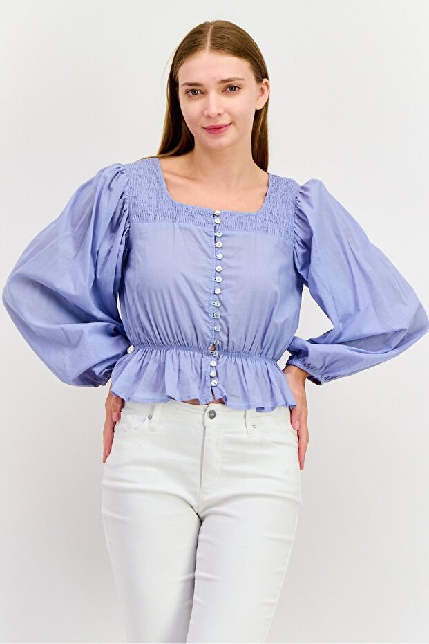 Women Square Neck Puff Sleeve Shirred Blouse, Blue