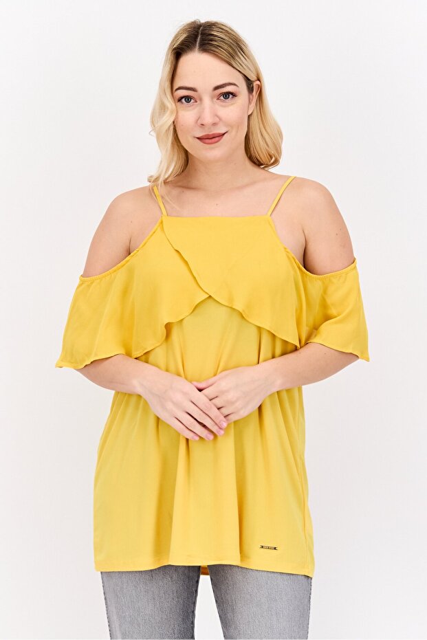 Women Square Neck Cold Shoulder Sleeve Plain Top, Sunset Yellow