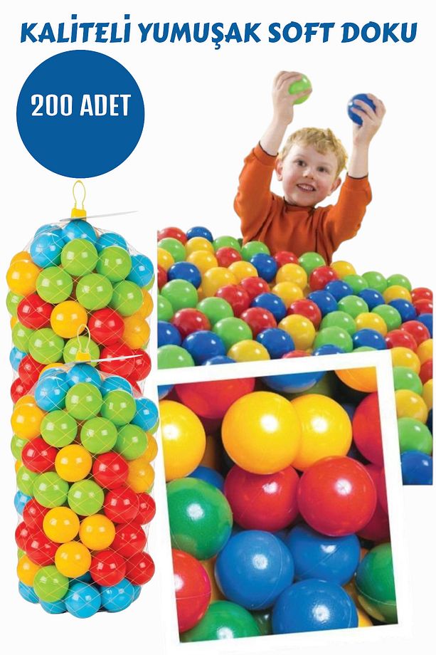 Kaliteli Yumuşak Soft Doku 200 Adet Havuz Topu -  Filede Oyun Havuz Topları 6 cm - 1