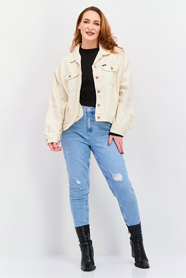 جاكيت جينز سادة للنساء، لون بيج - 2