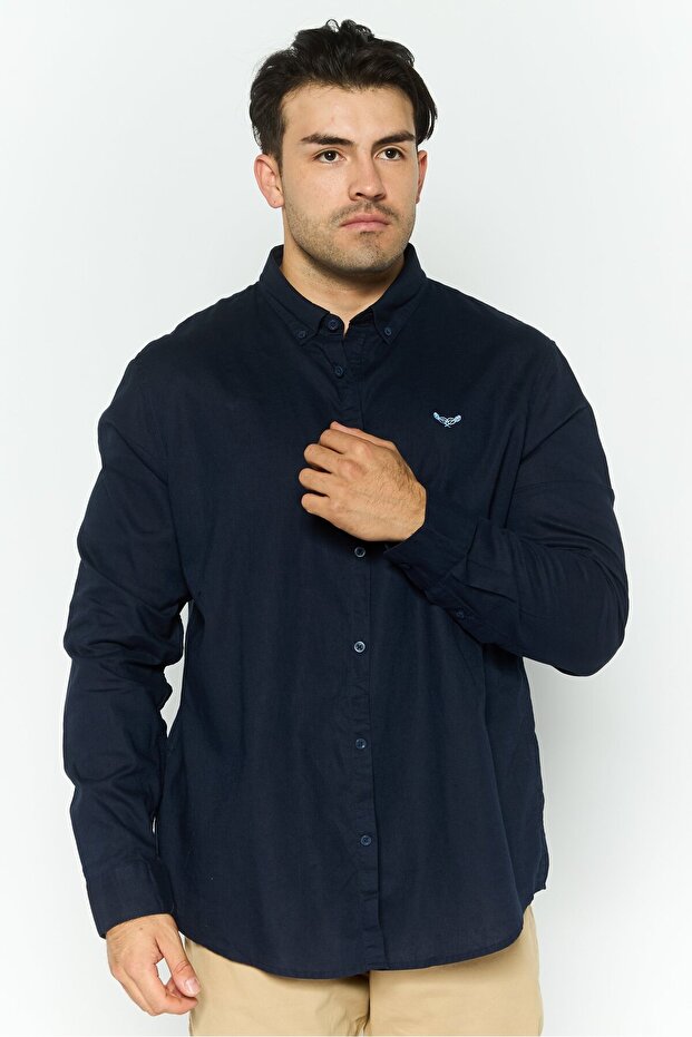 Men Regular Fit Long Sleeve Embroidered Logo Casual Shirt, Navy
