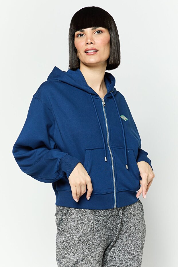 Women Hooded Embroidered Logo Long Sleeves Sweatshirt, Dark Blue