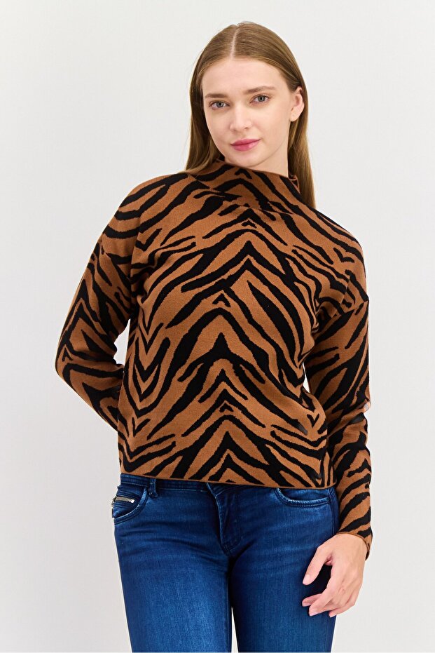Women Mock Neck Jacquard Print Long Sleeves Sweater, Multicolor