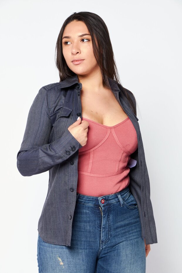 Women Spread Collar Long Sleeve Solid Top, Navy