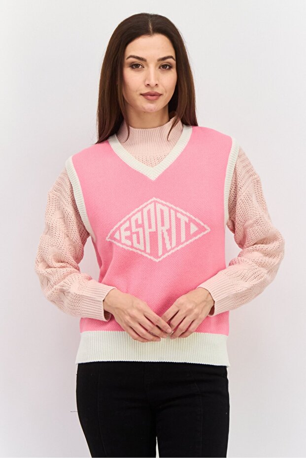 Women V-Neck Sleeveless Textured Sweater Vest, Pink