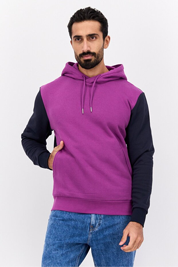 Men Hooded Long Sleeves Two-Toned Sweatshirt, Purple
