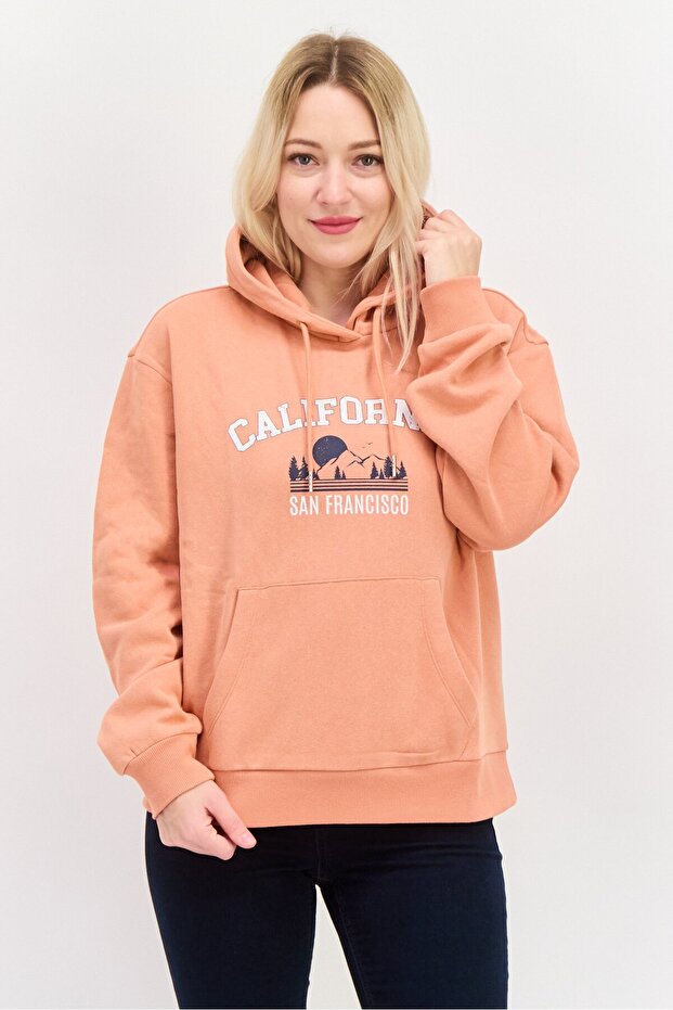 Women Graphic Print Long Sleeves Hooded Sweatshirt, Light Orange