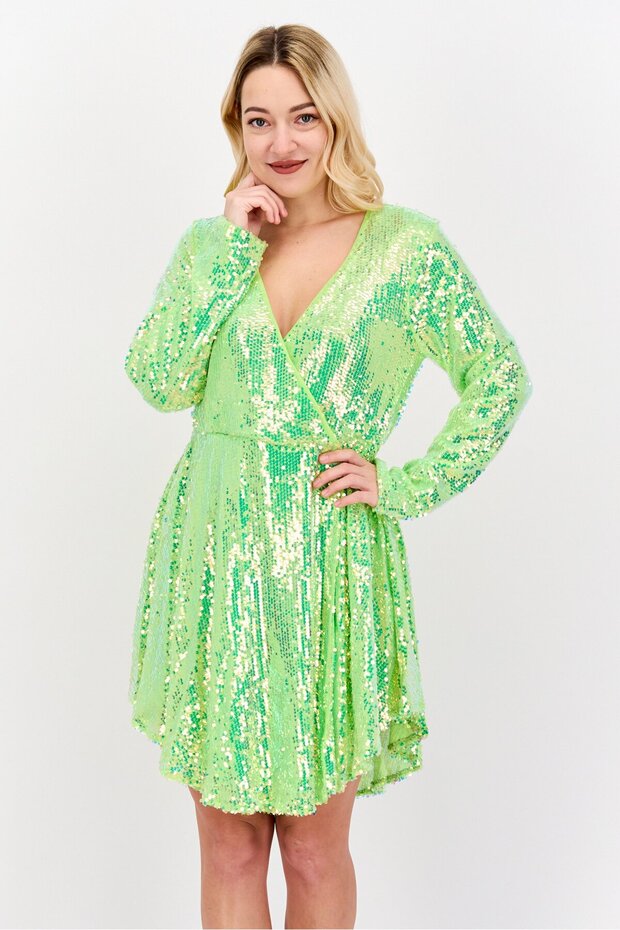 Women Embellished Mini Dress, Lime Green
