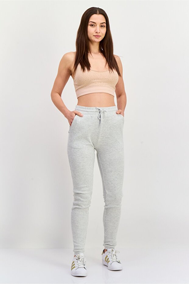 بنطال رياضي سادة برباط وقصّة عادية للنساء، رمادي - 4