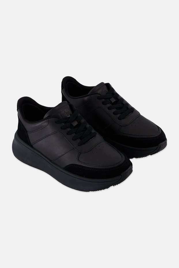Women F-Mode Leather Lace Up Casual Shoes, Black