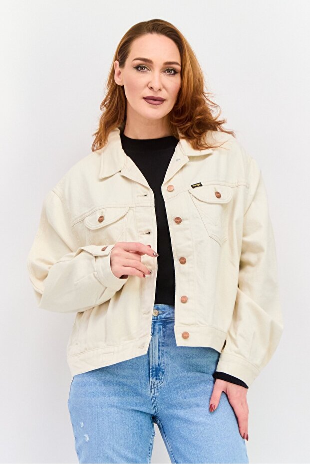 جاكيت جينز سادة للنساء، لون بيج - 1