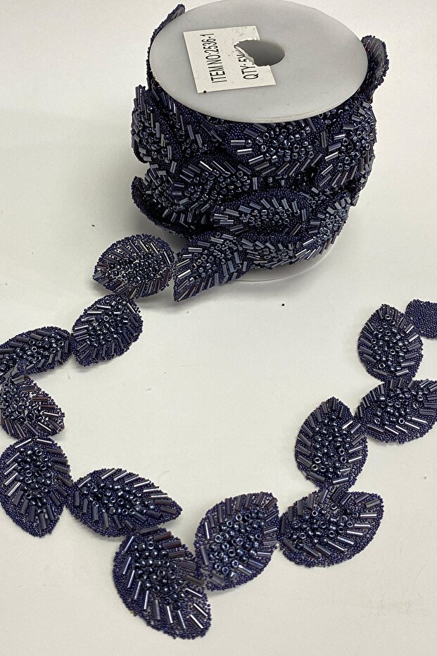 Lacivert Yaprak Desen Ütüyle Yapışan Şerit Taş Aplik - 1