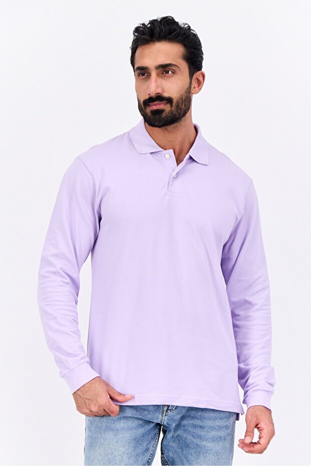 Men Regular Fit Solid Full Sleeves Polo, Lilac - 1