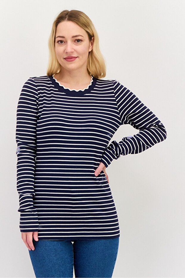 Women Ruffle Neck Long Sleeve Striped Top, Navy