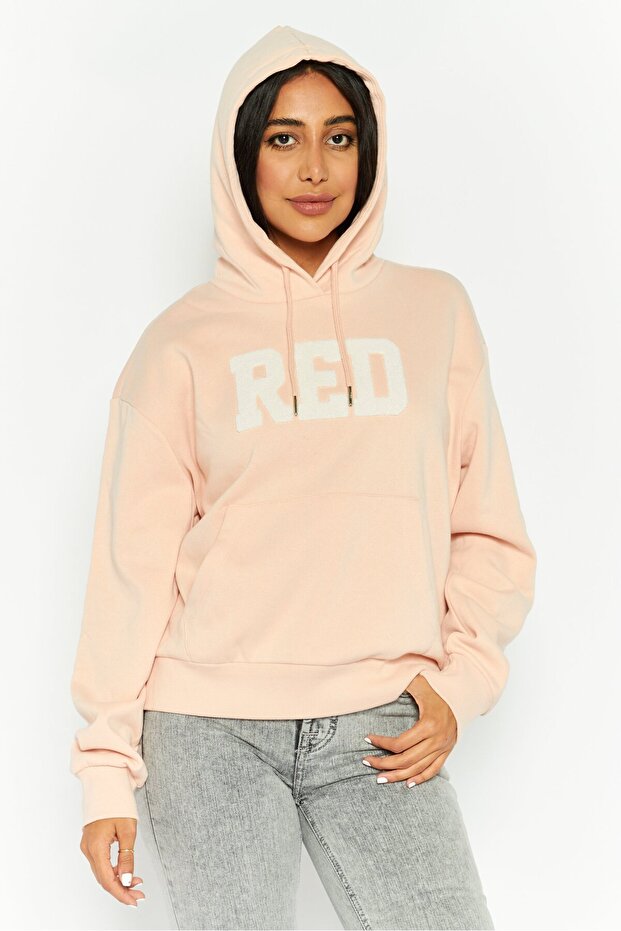 Women Hooded Brand Logo Long Sleeves Sweatshirt, Light Pink