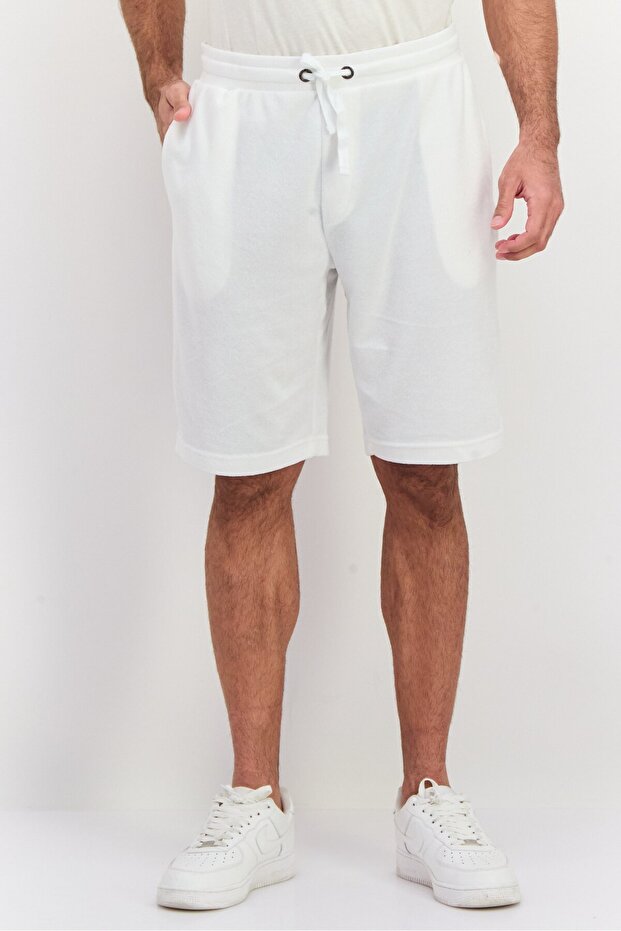 Men Drawstring Plain Basic Shorts, White - 1