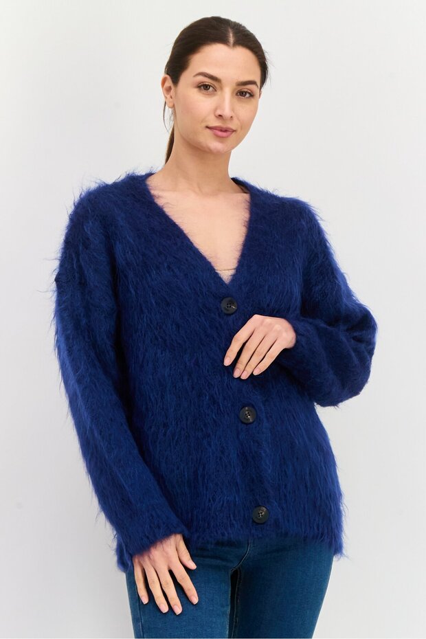 Women Knitted Button Detail Cardigan, Dark Navy