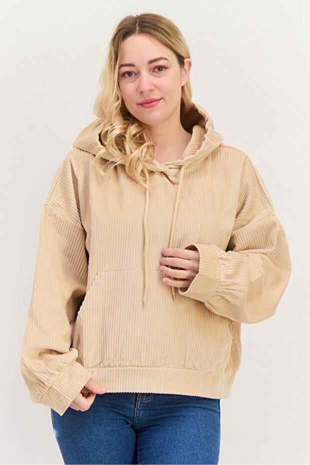 Women Hood And Drawstring Long Sleeve Ribbed Sweatshirts, Cream