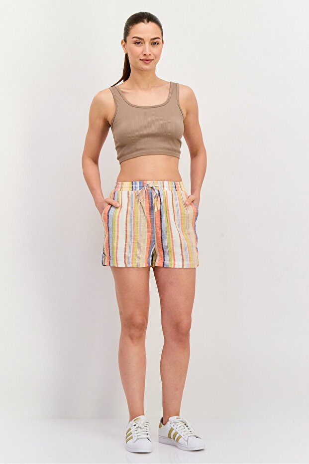شورت نسائي أساسي مخطط برباط، مجموعة برتقالية - 2