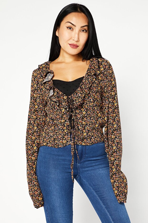 Women Tie Neck Long Sleeve Floral Print Top, Black Combo