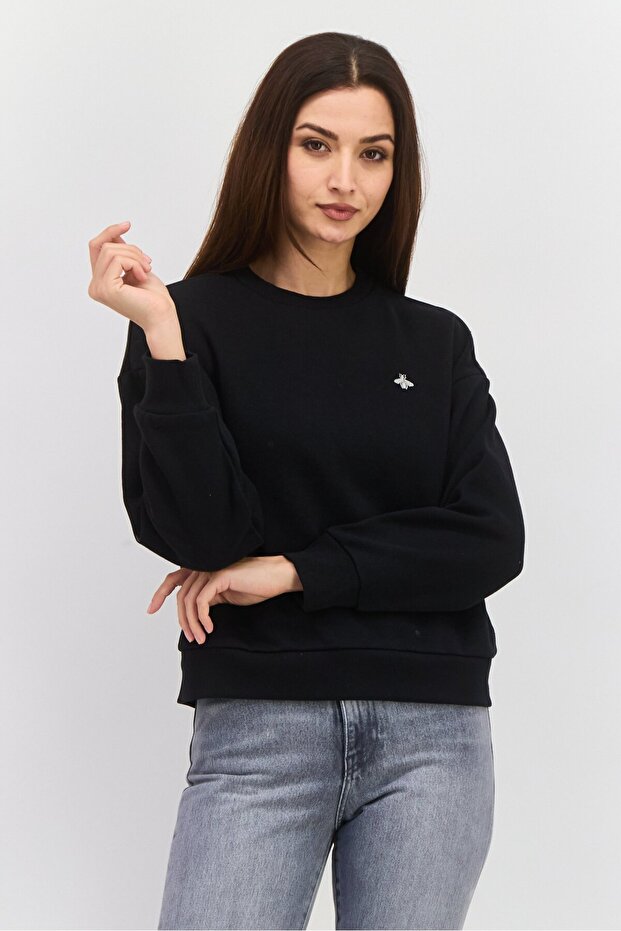 Women Crew Neck Embroidered Long Sleeves Sweatshirt, Black