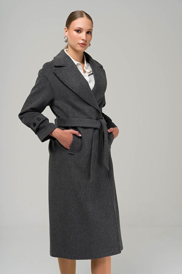 Low Sleeve Oversize Coat with Snap Snap Closure Sleeve Placket DARK GRAY 3933