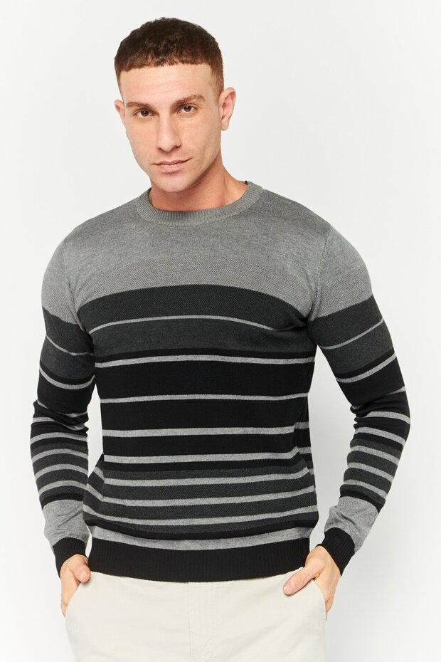 Men Crew Neck Stripe Sweater, Black