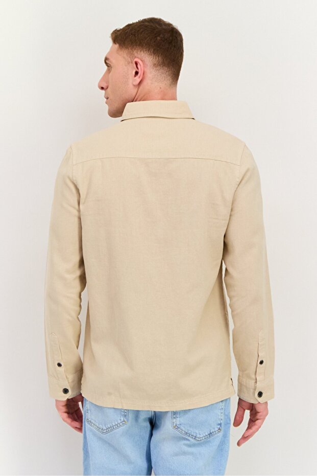 قميص رجالي كاجوال سادة بأكمام طويلة وقصة عادية، لون بيج - 3